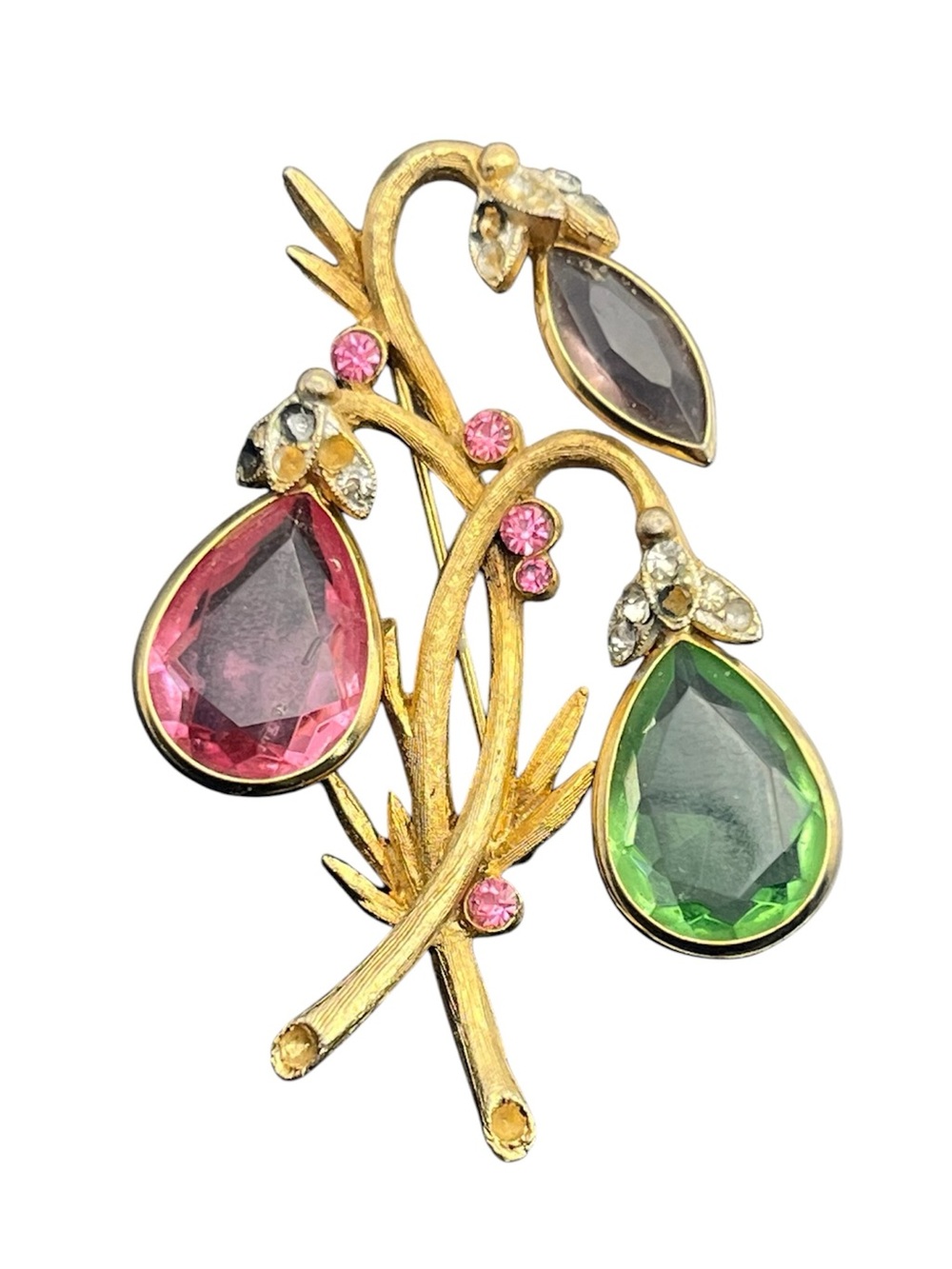 BSK gold tone multi colored rhinestone flower stem brooch pin pink green purple